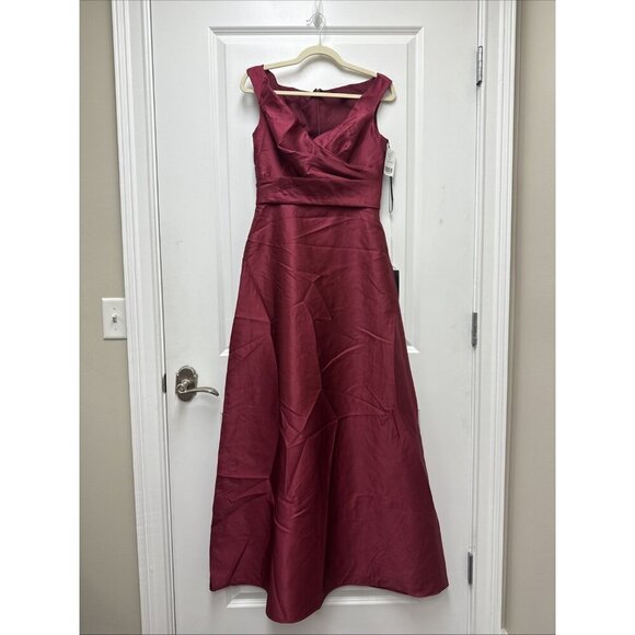Alfred Sung Size 4 Burgundy D811S Off Shoulder Satin Maxi Gown Cocktail Dress - Picture 4 of 11